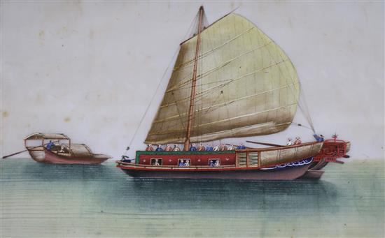 A Chinese pith painting of junks, 19 x 29cm and two watercolours on silk of birds